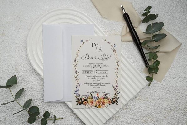 Invitație de Nuntă Albă cu Detalii Florale Pastelate