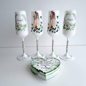 Set 4 pahare, Miri si Nasi, verde cu flori