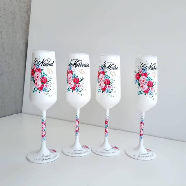Set 4 pahare, Miri si Nasi, rosu cu flori
