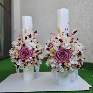 Lumânări cu Decor din Flori Naturale Criogenate și Panglică Albă!
