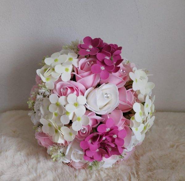 Buchet de Mireasă Mare cu Flori Roz si Albe, Perle si Strasuri!