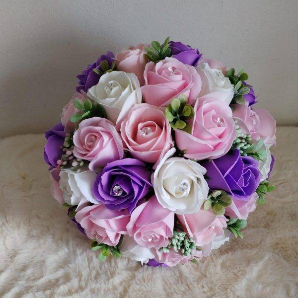Buchet de Mireasă Mare cu Flori Roz si Mov, Perle si Strasuri!