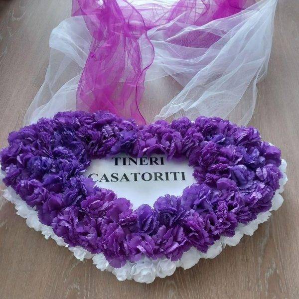 Ornament Masini Inima Alb cu MOV,Trandafiri Artificiali ,60/40 cm