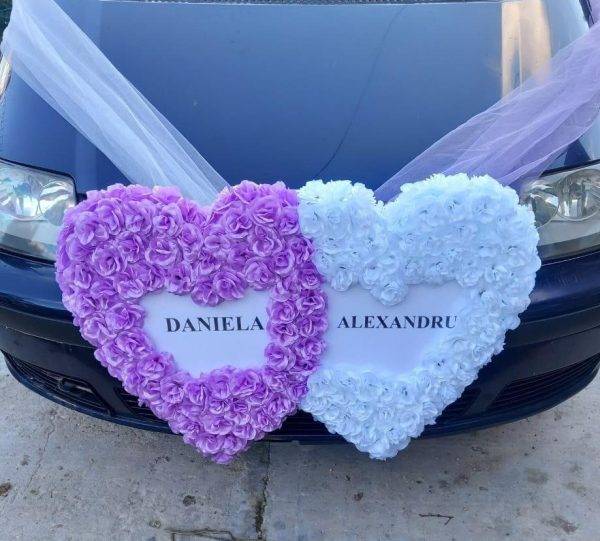 Ornament Masini Inima Dubla MOV cu Alb,80/40 cm