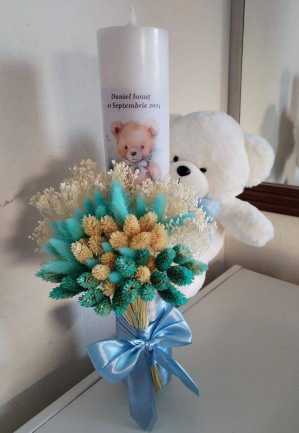 Imagine WhatsApp 2024-09-28 la 08.11.36_6dcb7f76 Lumanare BOTEZ,Cu Ursulet, Personalizata, 40cm Cu Flori Uscate
