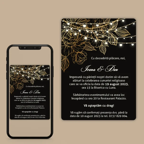 Invitatii de Nunta Digitale stil Elegant,Negru cu Auriu.