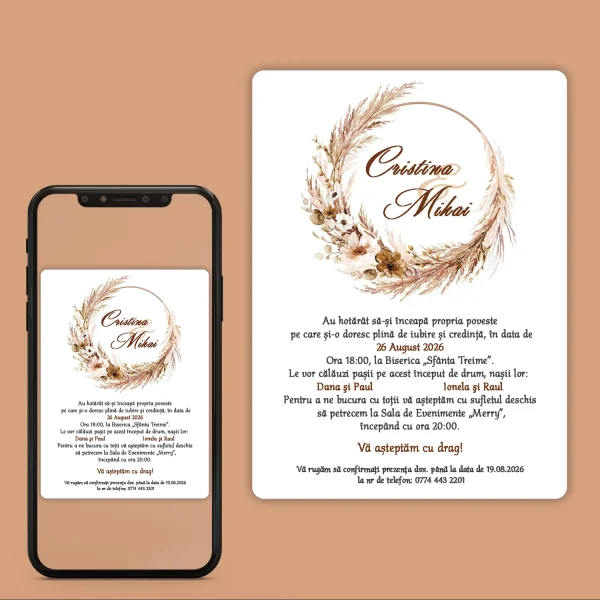 Invitații de Nuntă Digitale, Model cu Flori si Plante(M 320).