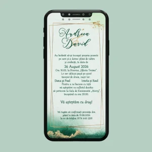 Invitație de Nuntă Digitală – Model Elegant Verde Abstract (Model 2).