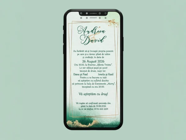 Invitație de Nuntă Digitală – Model Elegant Verde Abstract (Model 2).