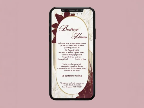 Invitație de Nuntă Digitală – Model Elegant Tenta Visiniu(Model 3).