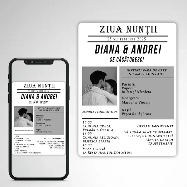 Invitații Digitale de Nuntă Tip Ziar(Model 7).