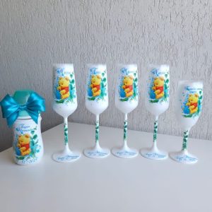 Set 5 Pahare personalizate +Sticluta  pentru botez cu ursuletul Winnie the Pooh!