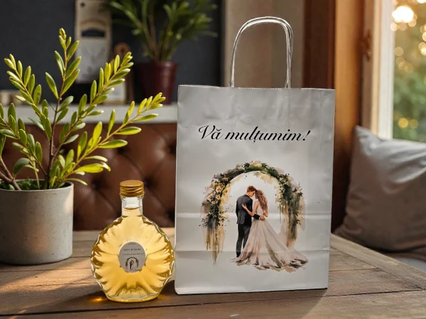 Set Marturii 210: punga+ sticla Ploscuta(200 ml)+capac+eticheta personalizata!