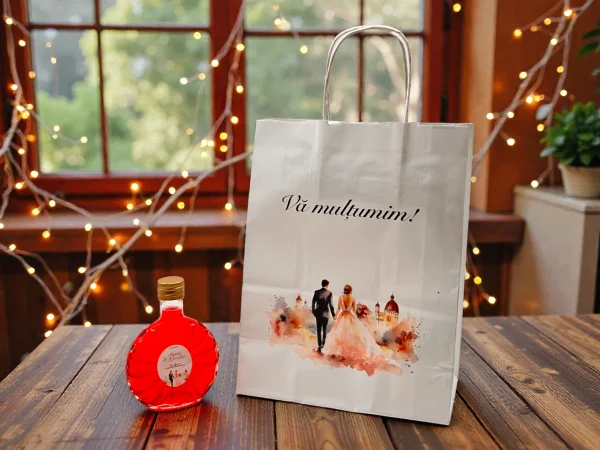 Set Marturii 201: punga+ sticla Ploscuta(100 ml)+capac+eticheta personalizata!