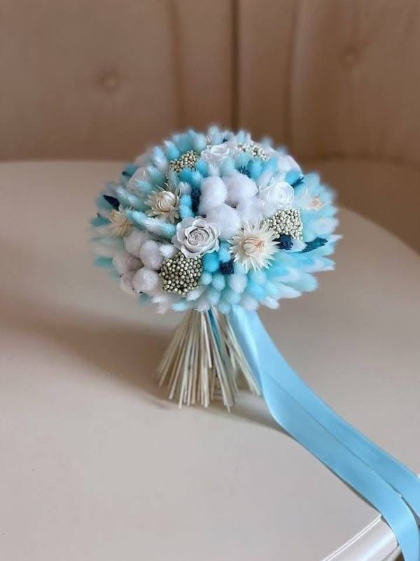Buchet de Mireasă cu Flori De Primavara si Flori Uscate Albastre!