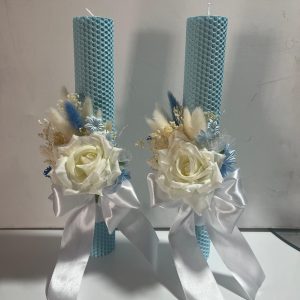 Set 2 Lumanari Fagure Nunta Albastre cu Plante Uscate si Trandafiri!